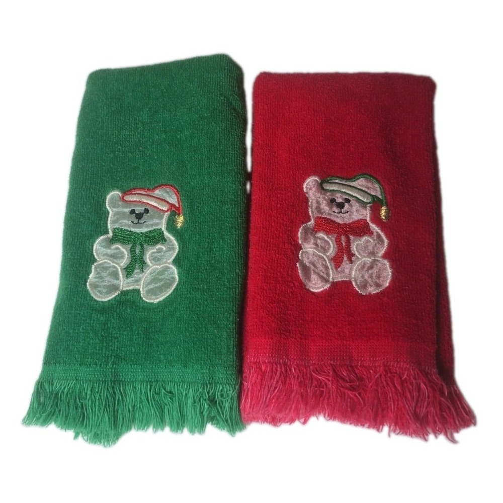 Tom Roe Vintage Christmas Hand Towels Set of 2 Red Green Bear Cotton USA Fringed